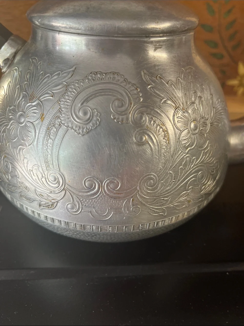 Embossed Silver Teapot with Black Handle - Decorative Serving Teapot